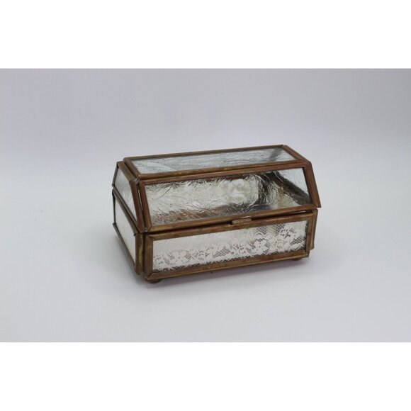 Via Vermont Vintage Glass & Brass Jewelry Box With Etched Floral Detail & Hinged - Picture 2 of 13